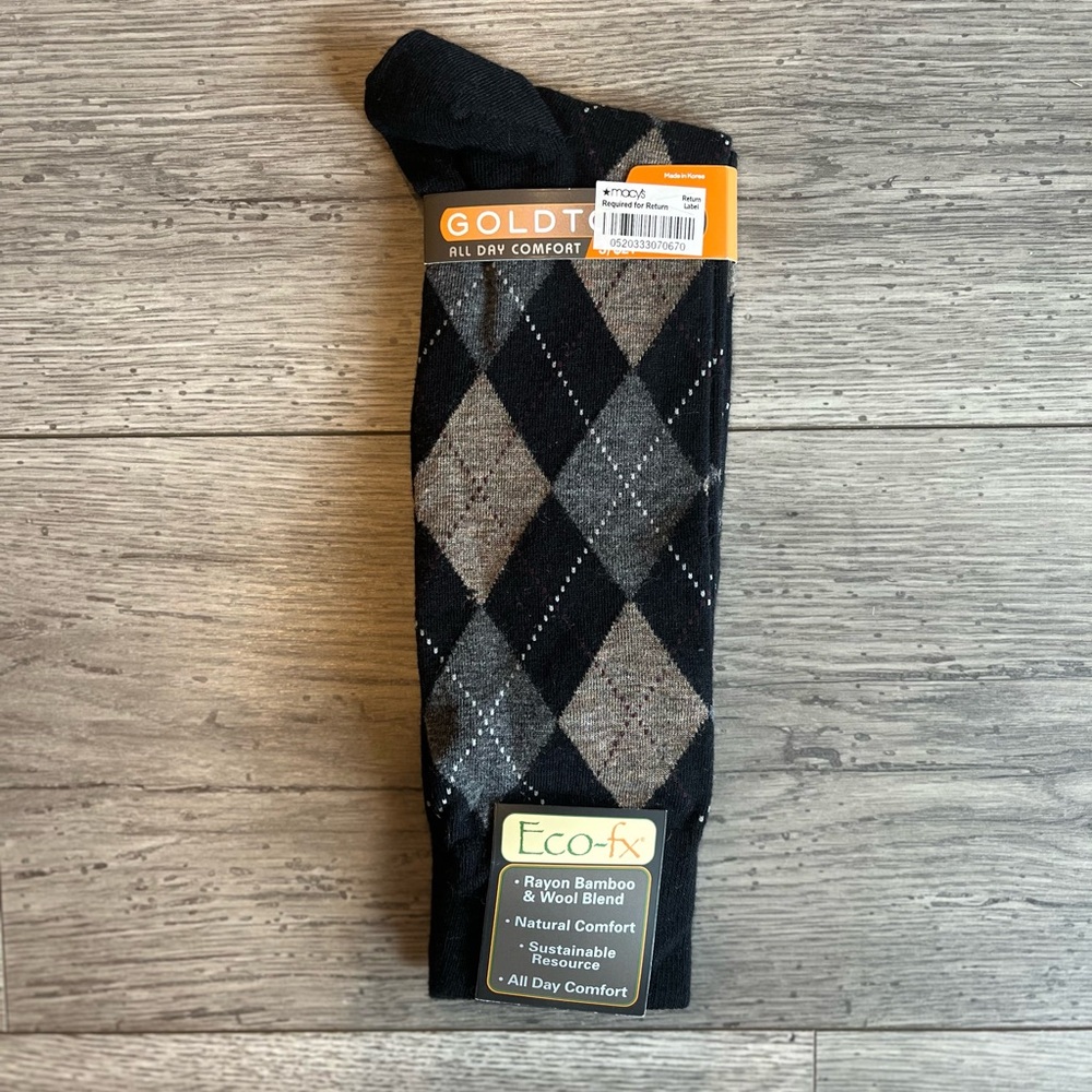 Goldtoe All Day Comfort Men’s Eco-fx Dress Sock Black Argyle NWT Bamboo Wool